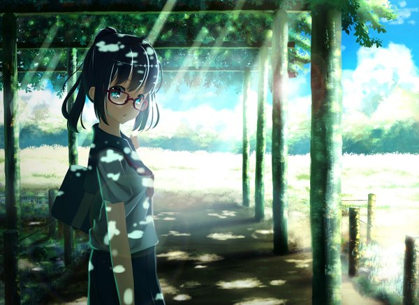 Anime picture 1500x1094 with original yakizakana oisi single looking at viewer short hair blue eyes black hair girl uniform glasses serafuku school bag