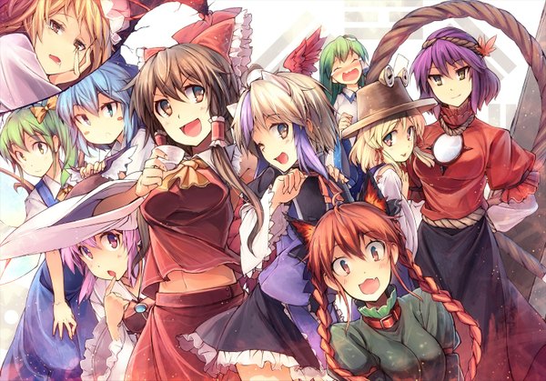 Anime picture 1500x1049 with touhou hakurei reimu yakumo yukari kochiya sanae cirno moriya suwako kaenbyou rin yasaka kanako mystia lorelei daiyousei tokiko (touhou) eho (icbm) long hair short hair open mouth blonde hair red eyes brown hair multiple girls brown eyes