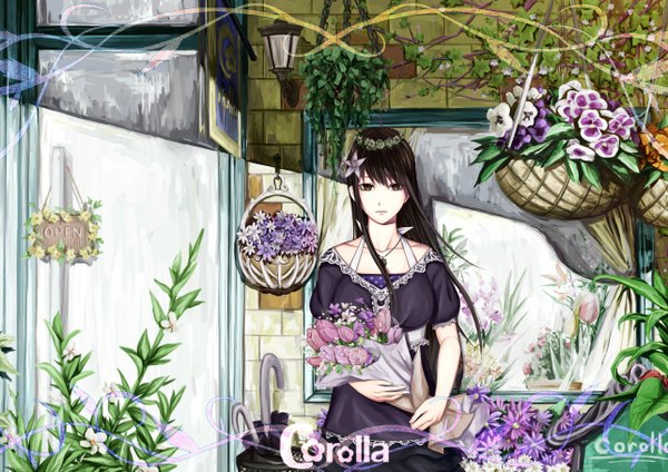 Anime picture 1286x909 with original cham single long hair looking at viewer black hair brown eyes girl dress flower (flowers) plant (plants) bouquet wreath