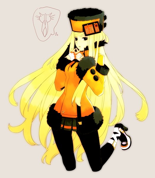 Anime picture 701x802 with guilty gear guilty gear xrd millia rage 8055 single long hair tall image looking at viewer blonde hair simple background parted lips black eyes grey background kneeling girl gloves hat animal pantyhose jacket