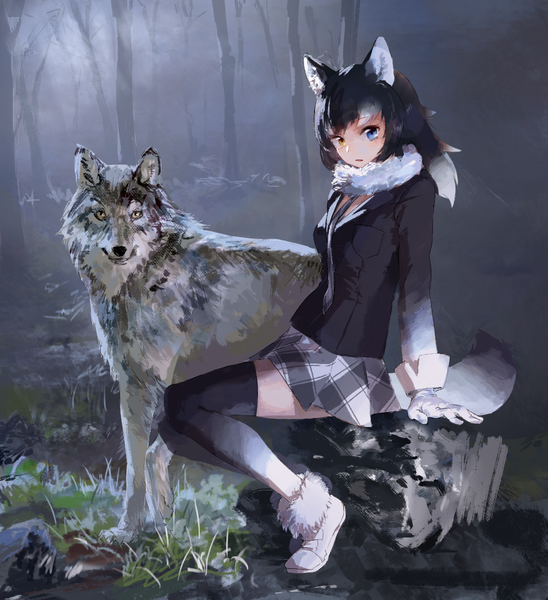 Anime picture 1096x1200 with kemono friends grey wolf (kemono friends) treeware long hair tall image looking at viewer fringe black hair sitting animal ears yellow eyes full body bent knee (knees) white hair tail parted lips animal tail pleated skirt multicolored hair arm support