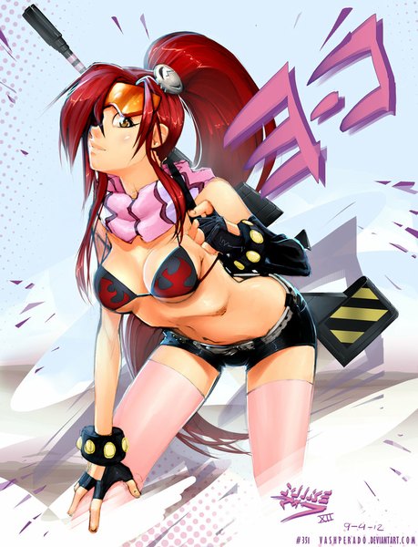 Anime picture 800x1046 with tengen toppa gurren lagann gainax yoko littner vashperado single long hair tall image looking at viewer breasts light erotic yellow eyes ponytail red hair girl thighhighs gloves weapon shorts belt scarf