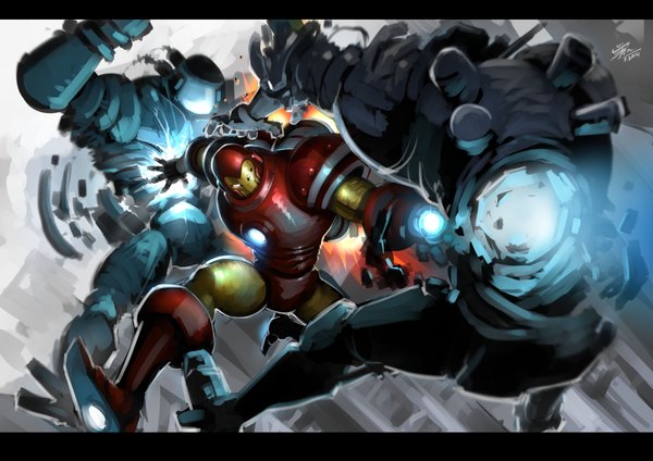Anime picture 2338x1653 with iron man iron man (character) agustinus (artist) highres mechanical blank eyes boy suit robot