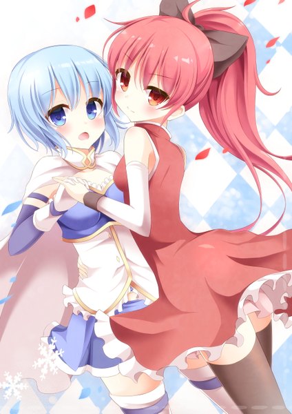 Anime picture 992x1403 with mahou shoujo madoka magica shaft (studio) sakura kyouko miki sayaka aibumi long hair tall image blush short hair blue eyes red eyes bare shoulders multiple girls blue hair pink hair ponytail girl thighhighs dress gloves