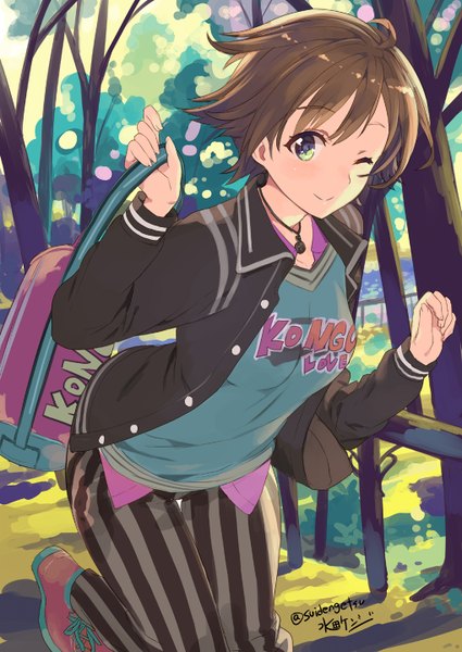 Anime picture 1020x1440 with kantai collection hiei battleship mizuta kenji (suidengetsu) single tall image looking at viewer blush short hair brown hair green eyes signed one eye closed wink clothes writing casual girl plant (plants) tree (trees) jacket pants