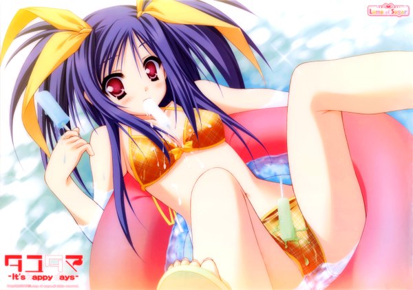 Anime picture 5800x4080 with tayutama lump of sugar moekibara fumitake long hair highres light erotic red eyes blue hair bow swimsuit hair bow bikini food sweets ice cream