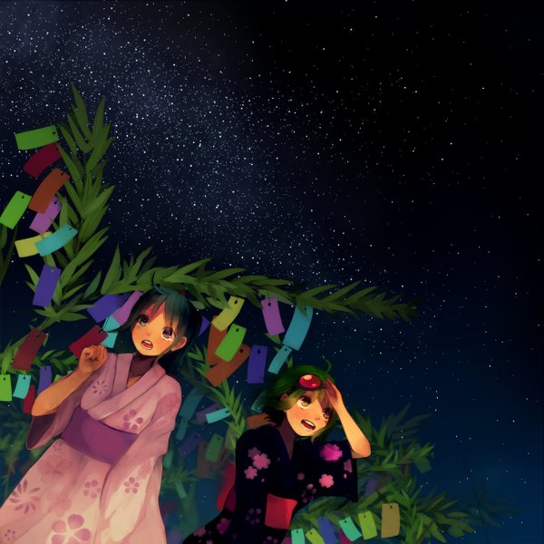 Anime picture 1300x1300 with google vocaloid hatsune miku gumi tamayo (artist) open mouth black hair multiple girls sky ahoge japanese clothes aqua eyes green hair night night sky looking up goggles on head milky way festival tanabata