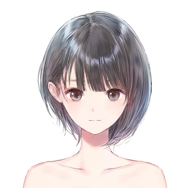 Anime picture 800x800 with blue reflection gust (company) shirai hinako kishida mel single looking at viewer blush fringe short hair light erotic black hair simple background white background brown eyes official art portrait expressionless asymmetrical hair girl