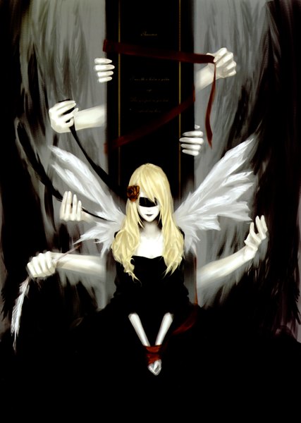 Anime picture 2329x3271 with lumie`re & ombres (artbook) single long hair tall image highres blonde hair hair flower bondage blindfold girl dress hair ornament wings black dress hands
