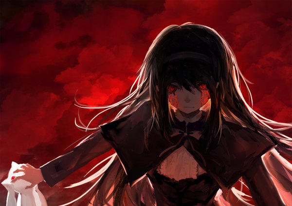 Anime picture 1477x1040 with mahou shoujo madoka magica shaft (studio) akemi homura kyuubee homulilly blackrabbitsoul long hair looking at viewer black hair holding sky cloud (clouds) magical girl red sky bloody tears girl dress ribbon (ribbons) blood mantle