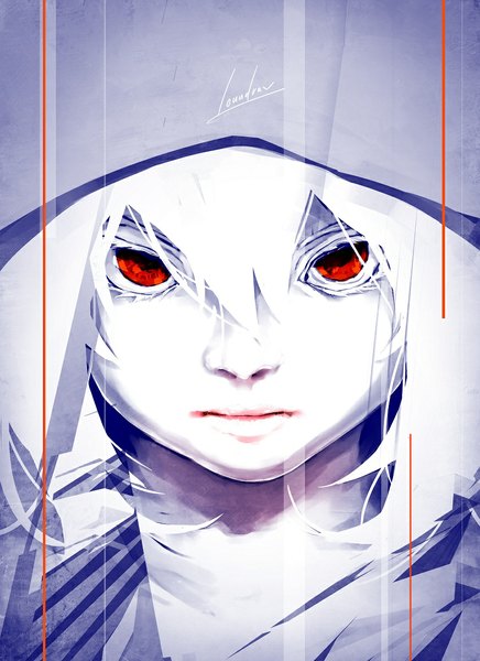 Anime picture 850x1169 with original loundraw single tall image looking at viewer fringe short hair red eyes signed white hair portrait face pale skin albino hood