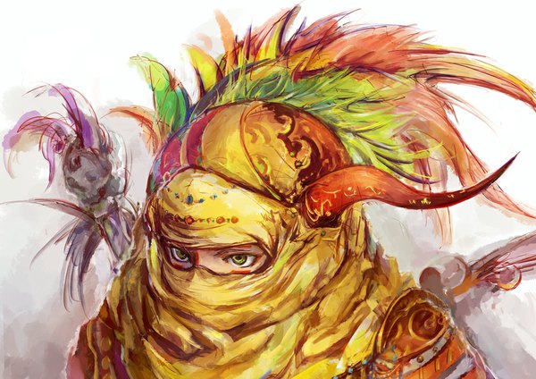 Anime picture 1000x708 with final fantasy final fantasy vi square enix gogo conjaku single simple background green eyes horn (horns) grey background androgynous feather (feathers) mask