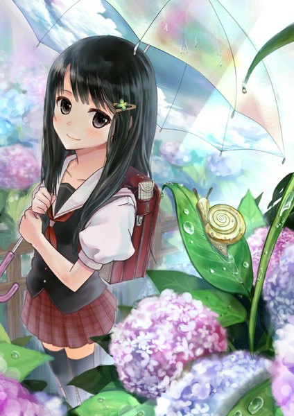 Anime picture 827x1170 with original akabane (zebrasmise) single long hair tall image looking at viewer blush black hair smile black eyes girl thighhighs skirt uniform hair ornament flower (flowers) black thighhighs school uniform hairclip umbrella