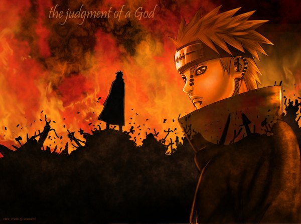 Anime picture 1024x764 with naruto studio pierrot naruto (series) pain (naruto) deva path short hair looking away profile piercing silhouette akatsuki rinnegan boy cloak bandage (bandages) fire bandana