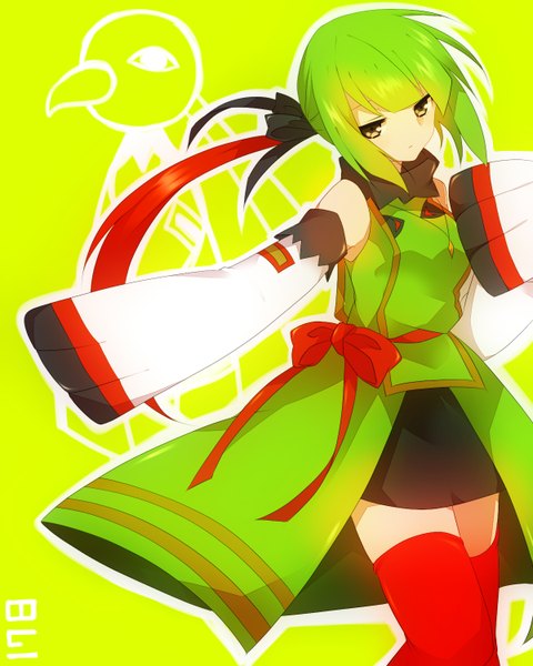 Anime picture 1200x1500 with pokemon nintendo xatu takeshima eku single tall image short hair green eyes yellow eyes green hair gen 2 pokemon pokemon number girl thighhighs dress detached sleeves