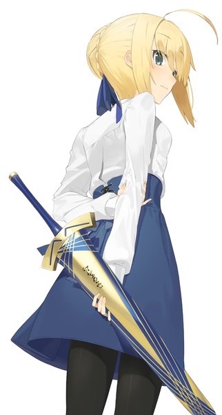 Anime picture 538x1000 with fate (series) fate/stay night artoria pendragon (all) saber hayashi kewi single tall image blush short hair blonde hair simple background smile white background holding green eyes looking away braid (braids) wind hair bun (hair buns) back