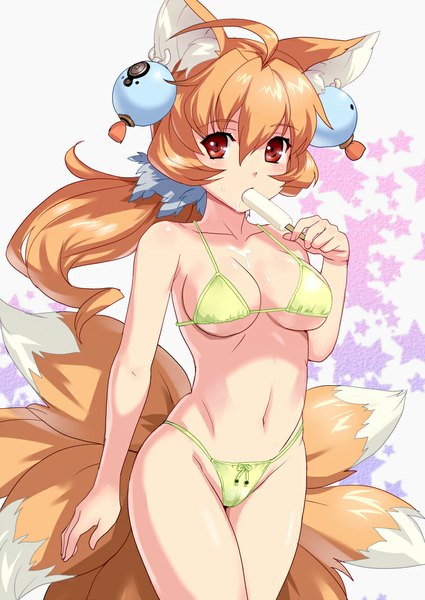 Anime picture 752x1062 with original damin (won) long hair tall image looking at viewer blush breasts light erotic red eyes bare shoulders animal ears ponytail tail animal tail orange hair bare belly fox ears fox tail multiple tails girl