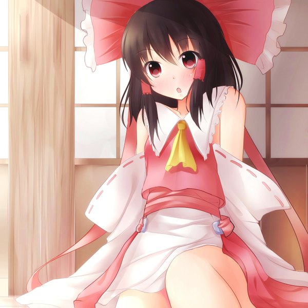 Anime picture 1500x1500 with touhou hakurei reimu nicoby single looking at viewer blush short hair open mouth black hair red eyes sitting traditional clothes sunlight bare legs miko surprised girl skirt hair ornament bow
