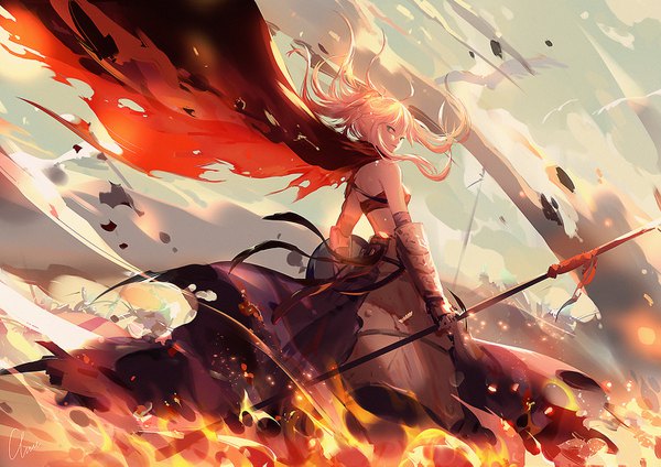 Anime picture 1500x1061 with fate (series) fate/grand order fate/apocrypha mordred (fate) clare (543) long hair looking at viewer blue eyes blonde hair holding sky cloud (clouds) looking back wind from behind torn clothes solo focus serious girl skirt