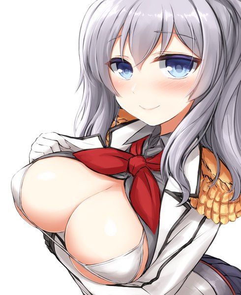 Anime picture 712x872 with kantai collection kashima training cruiser don (29219) single tall image looking at viewer blush short hair breasts blue eyes light erotic simple background smile large breasts white background pleated skirt grey hair open clothes breast hold girl