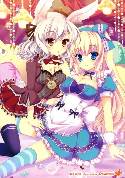 Anime picture 2536x3600 with girls, girls, girls! 11 (artbook) hinata momo long hair tall image looking at viewer blush highres short hair blue eyes smile red eyes multiple girls animal ears white hair scan official art bunny ears finger to mouth bunny girl girl