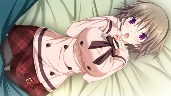 Anime picture 1280x720 with hapymaher purple software toriumi yuuko koku looking at viewer blush short hair breasts open mouth brown hair wide image large breasts purple eyes game cg girl uniform school uniform hairband