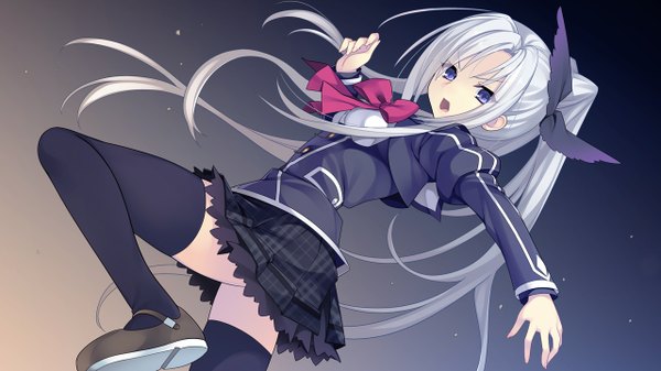 Anime picture 1280x720 with tokeijikake no ley line mibu tsubaki urabi (tomatohouse) single looking at viewer open mouth simple background wide image purple eyes game cg silver hair ponytail very long hair dutch angle outstretched arm dark background girl thighhighs uniform ribbon (ribbons)