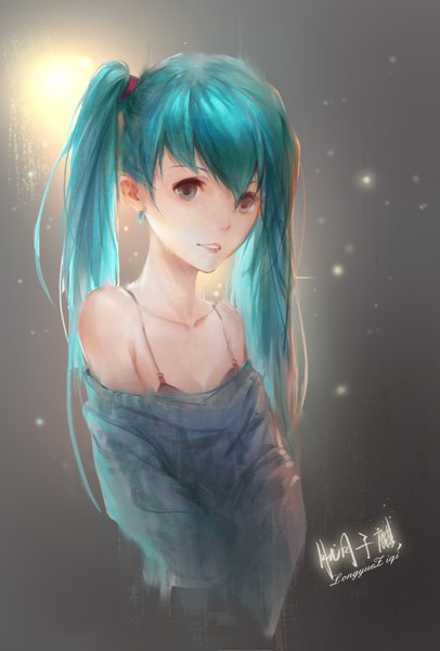 Anime picture 2436x3598 with vocaloid hatsune miku long yue zi qi single long hair tall image looking at viewer fringe highres blue eyes twintails bare shoulders signed blue hair parted lips off shoulder girl earrings sweater