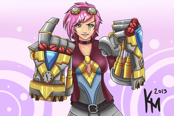 Anime picture 1800x1200 with league of legends vi (league of legends) kaiser-jim single looking at viewer highres short hair smile pink hair pink eyes tattoo girl weapon glasses