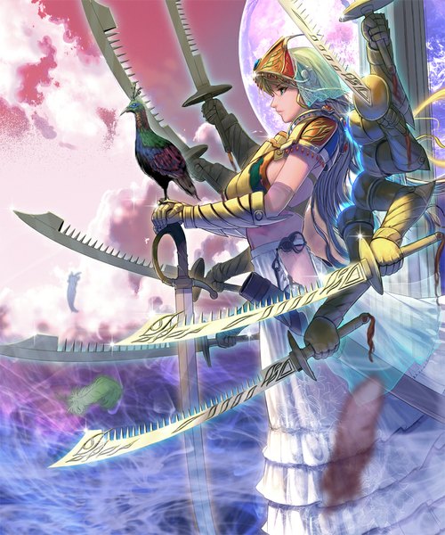 Anime picture 833x1000 with original masao single long hair tall image blue eyes brown hair holding looking away traditional clothes profile magic fantasy dual wielding extra arms girl armor moon feather (feathers) full moon