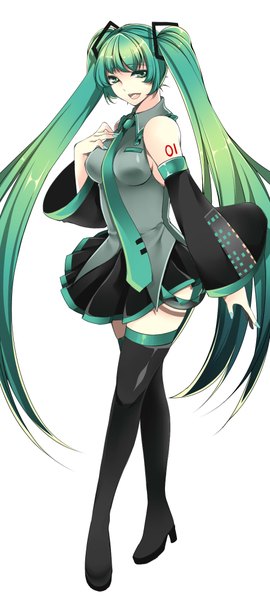 Anime picture 900x2000 with vocaloid hatsune miku roh nam kyung single tall image looking at viewer open mouth simple background white background bare shoulders very long hair aqua eyes aqua hair girl skirt detached sleeves necktie thigh boots