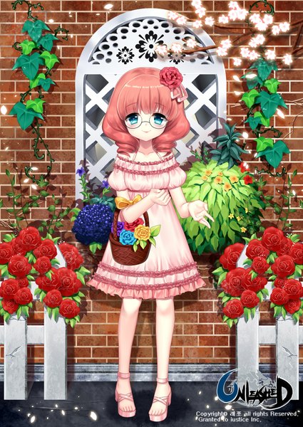 Anime picture 1535x2165 with unleashed black joa single long hair tall image looking at viewer blue eyes smile pink hair hair flower girl dress hair ornament flower (flowers) glasses rose (roses) basket