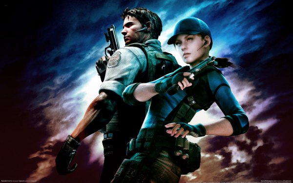 Anime picture 2560x1600 with resident evil resident evil 5 highres short hair black hair wide image sky cloud (clouds) lips realistic grey eyes wallpaper muscle girl boy uniform fingerless gloves gun military uniform pistol