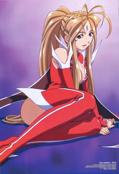 Anime picture 3540x5151 with aa megami-sama megami magazine anime international company belldandy saitou masakazu single long hair tall image highres open mouth blue eyes brown hair bare shoulders absurdres ponytail scan official art facial mark girl dress