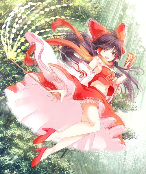 Anime picture 1600x1900 with touhou hakurei reimu mikoma sanagi single long hair tall image looking at viewer blush open mouth black hair traditional clothes wide sleeves miko weightlessness girl skirt navel bow plant (plants) hair bow