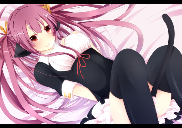 Anime picture 1227x867 with original bloodcatblack (tsukiko) single long hair red eyes twintails animal ears purple hair cat ears cat girl cat tail girl thighhighs dress black thighhighs