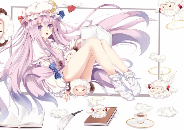 Anime picture 1200x848 with touhou patchouli knowledge white crow single long hair open mouth light erotic purple eyes purple hair girl dress bow hair bow book (books) feather (feathers) bonnet