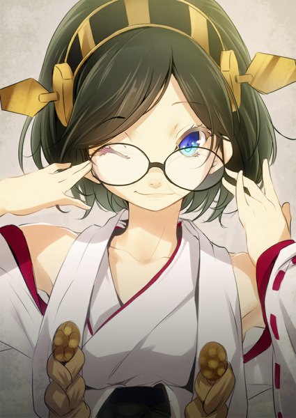 Anime picture 779x1100 with kantai collection kirishima battleship nilitsu single tall image looking at viewer short hair blue eyes black hair one eye closed wink nontraditional miko girl detached sleeves glasses hairband