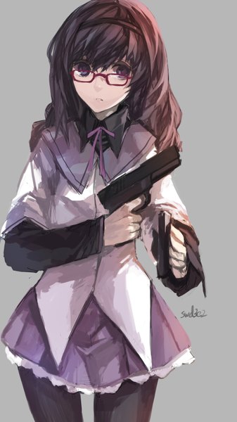 Anime picture 1063x1890 with mahou shoujo madoka magica shaft (studio) akemi homura swd3e2 single long hair tall image looking at viewer black hair simple background purple eyes signed grey background magical girl girl skirt gloves weapon miniskirt hairband