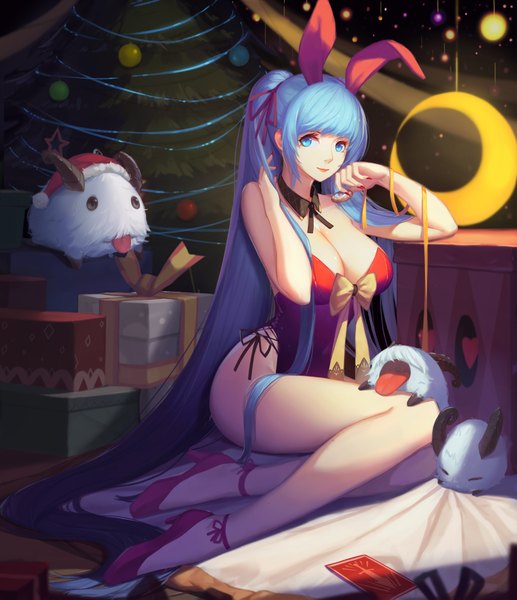 Anime picture 1892x2195 with league of legends sona buvelle cubies (tiger 205) single long hair tall image looking at viewer highres breasts blue eyes light erotic large breasts animal ears blue hair very long hair bunny ears bunny girl girl bunnysuit gift