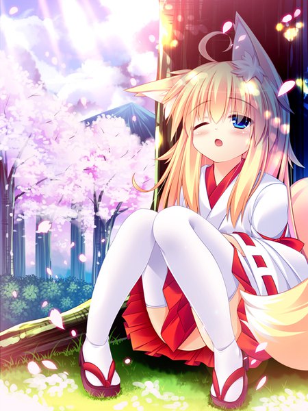Anime picture 600x800 with original roshin single long hair tall image blush open mouth blue eyes light erotic blonde hair animal ears ahoge tail traditional clothes japanese clothes animal tail pleated skirt one eye closed sunlight wide sleeves