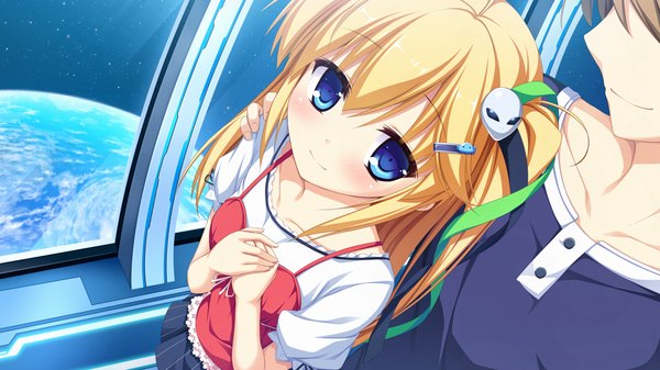 Anime picture 1280x720 with g.i.b. girls in black otonashi sorami tenmaso long hair blush blue eyes blonde hair smile wide image game cg couple girl dress boy ribbon (ribbons) hair ribbon