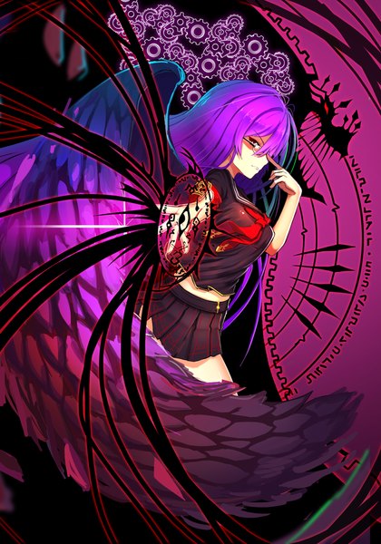 Anime picture 800x1143 with unleashed ratio (ratio-d) single long hair tall image looking at viewer red eyes purple hair profile girl skirt miniskirt wings glasses