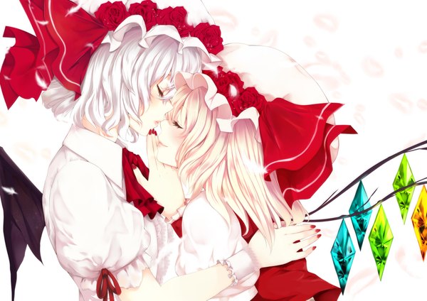 Anime picture 4092x2893 with touhou flandre scarlet remilia scarlet kamifanta123 highres short hair simple background blonde hair white background multiple girls absurdres white hair eyes closed shoujo ai almost kiss girl dress 2 girls wings bonnet