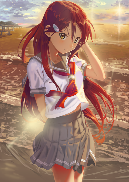 Anime picture 759x1075 with love live! sunshine!! sunrise (studio) love live! sakurauchi riko poligon (046) single long hair tall image looking at viewer blush fringe hair between eyes standing yellow eyes red hair pleated skirt light smile wind bare legs beach