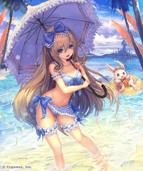 Anime picture 2083x2500 with shingeki no bahamut tachikawa mushimaro (bimo) long hair tall image looking at viewer fringe highres open mouth blonde hair holding wind bare belly midriff wet beach scenic jpeg artifacts girl navel bow