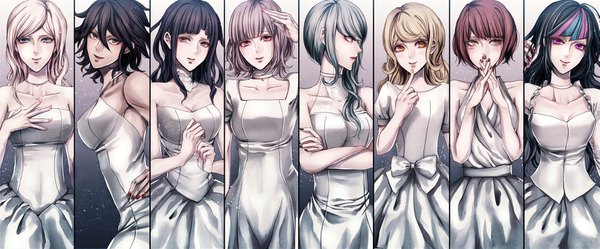 Anime picture 1637x681 with dangan ronpa super dangan ronpa 2 nanami chiaki tsumiki mikan mioda ibuki sonia nevermind pekoyama peko saionji hiyoko koizumi mahiru owari akane z-epto (chat-noir86) long hair looking at viewer blush short hair black hair blonde hair smile red eyes brown hair