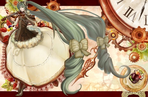 Anime picture 3803x2506 with vocaloid hatsune miku highres twintails green eyes absurdres very long hair green hair girl dress clock violin bow (instrument)