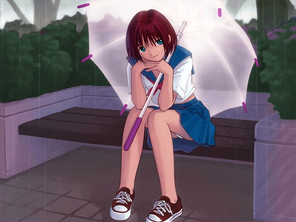 Anime picture 1600x1200 with original kobayashi yuji light erotic sitting pantyshot pantyshot sitting rain transparent umbrella girl underwear panties serafuku umbrella