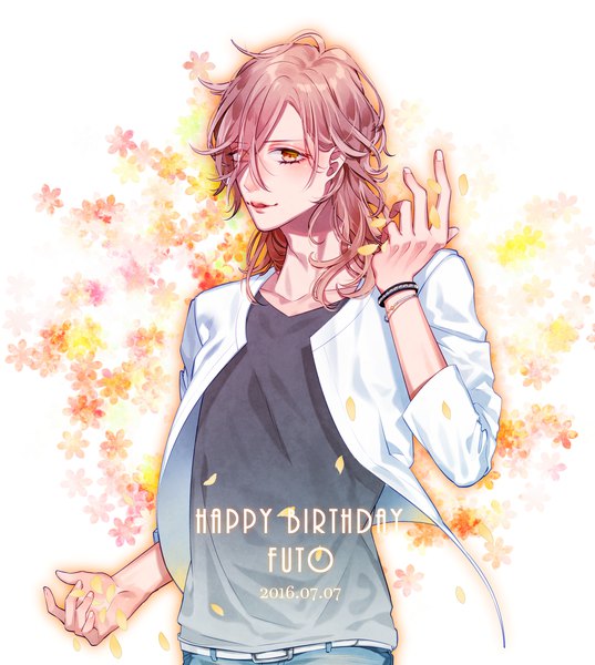 Anime picture 1700x1900 with brothers conflict idea factory asahina futo artwele single long hair tall image fringe brown hair brown eyes looking away upper body parted lips fingernails hair over one eye dated happy birthday floral background boy bracelet